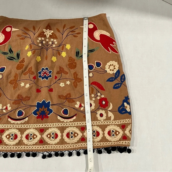 Umgee Embroidered Mini Skirt Women's Small Brown Boho Pom Pom Bird Floral - Picture 13 of 13